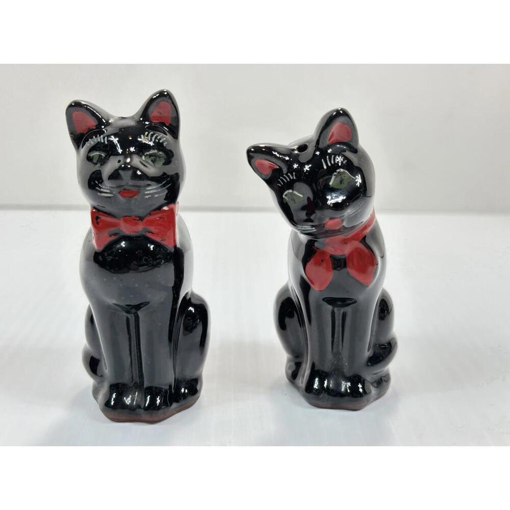 Vintage SHAFFORD Redware Ceramic Black Cats Figural Salt Pepper Shakers Japan